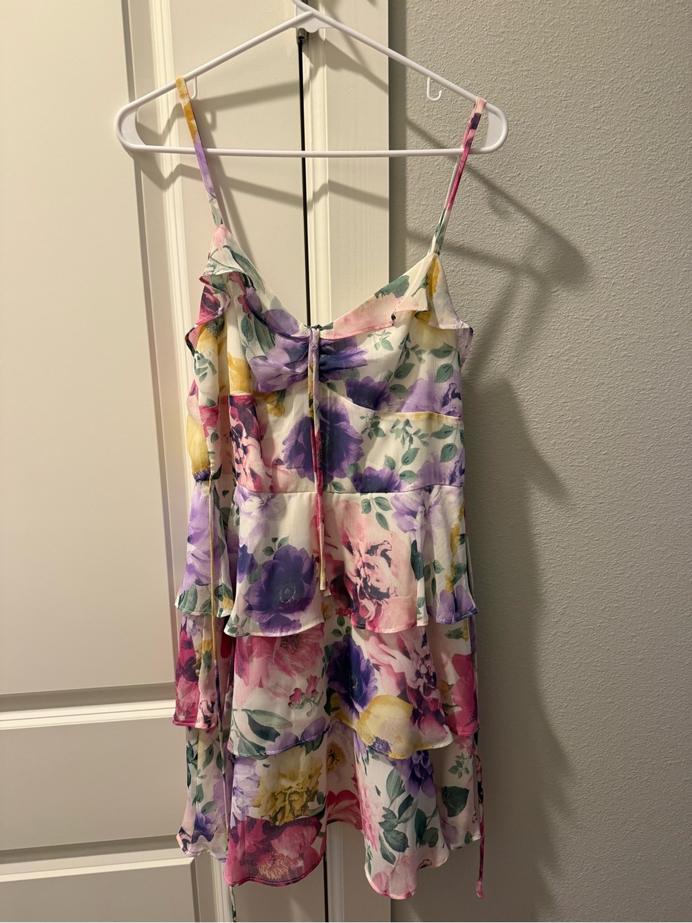 Floral Tiered Mini Dress in Pink, Purple & Yellow